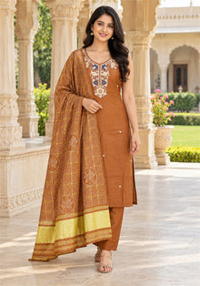 Rust Orange Cotton Sleeveless Kurta Pant Set with Dupatta - Ashoka Threads