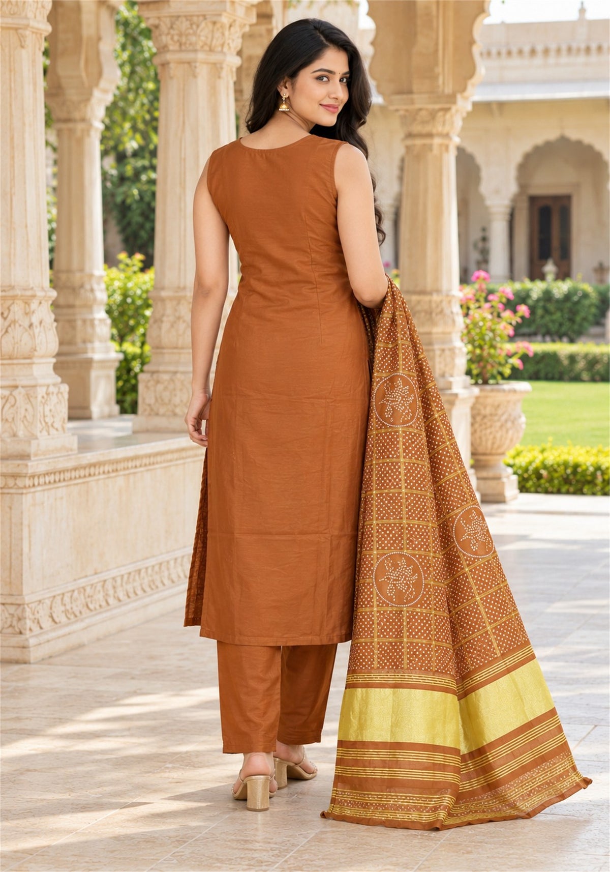 Rust Orange Cotton Sleeveless Kurta Pant Set with Dupatta - Ashoka Threads - K3-D34-26-ROR 4