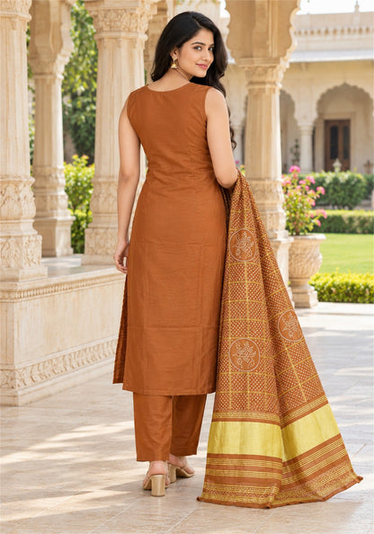 Rust Orange Cotton Sleeveless Kurta Pant Set with Dupatta - Ashoka Threads - K3-D34-26-ROR 4