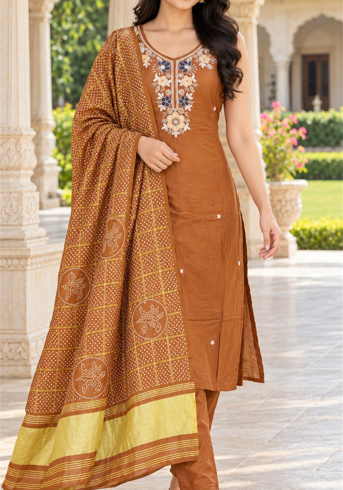 Rust Orange Cotton Sleeveless Kurta Pant Set with Dupatta - Ashoka Threads - K3-D34-26-ROR 5