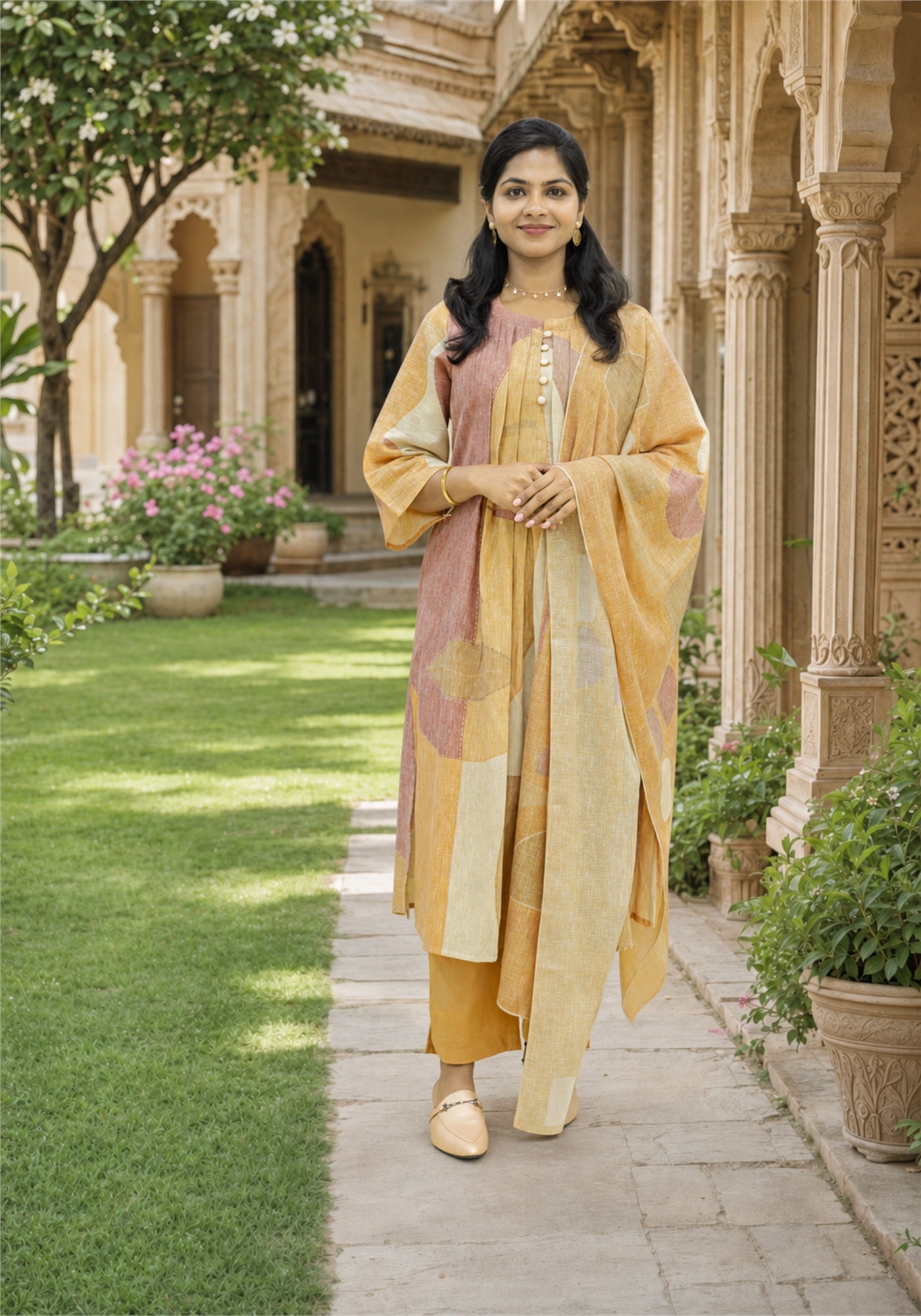 Mustard Multi Colour Cotton Kurta Pant Set with Dupatta - Ashoka Threads - K3-D9-26-MUL - view 1