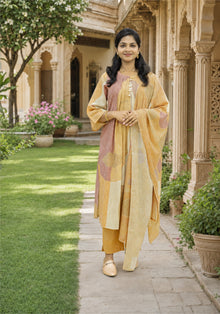 Mustard Multi Colour Cotton Kurta Pant Set with Dupatta - Ashoka Threads