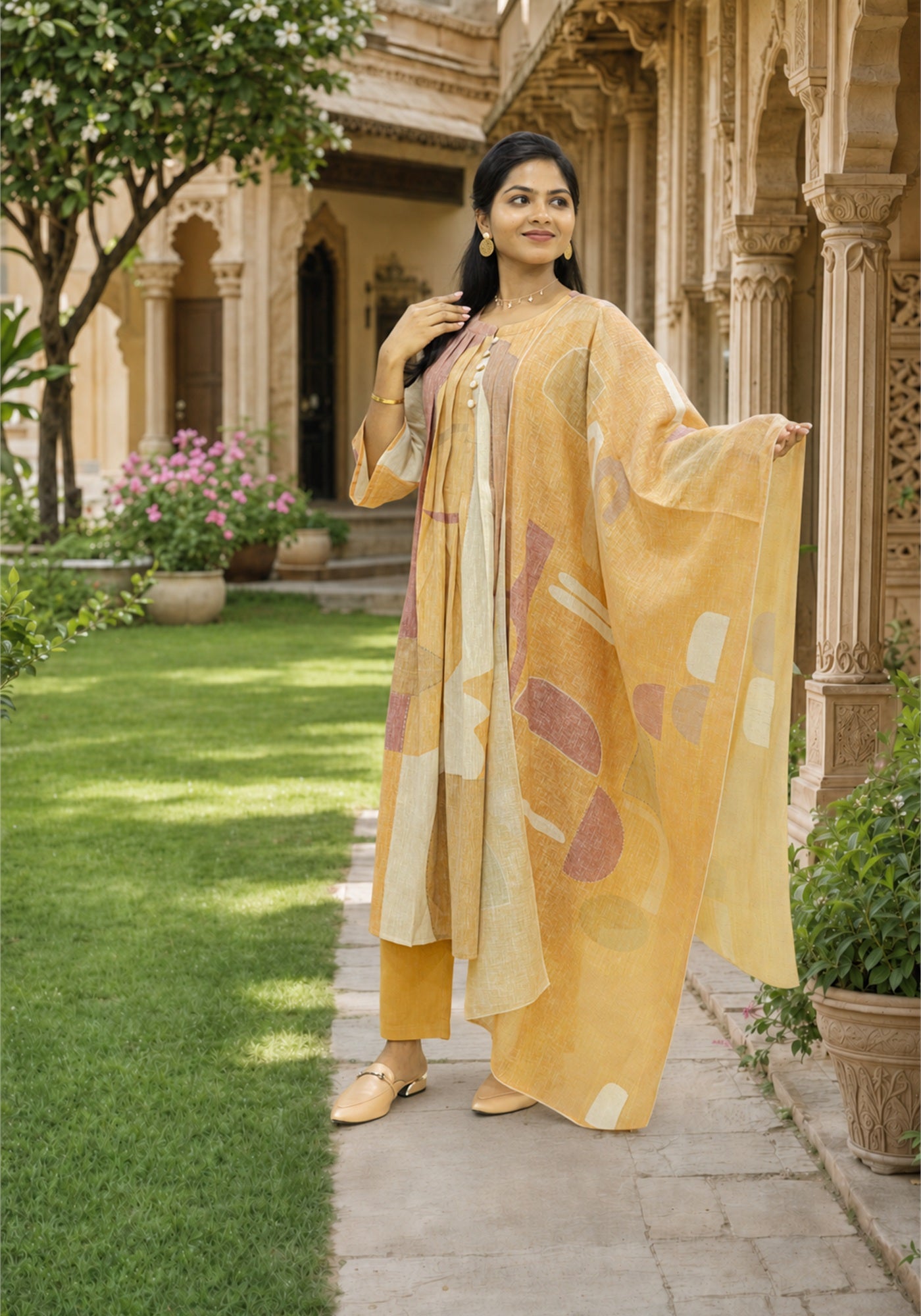 Mustard Multi Colour Cotton Kurta Pant Set with Dupatta - Ashoka Threads - K3-D9-26-MUL - view 2