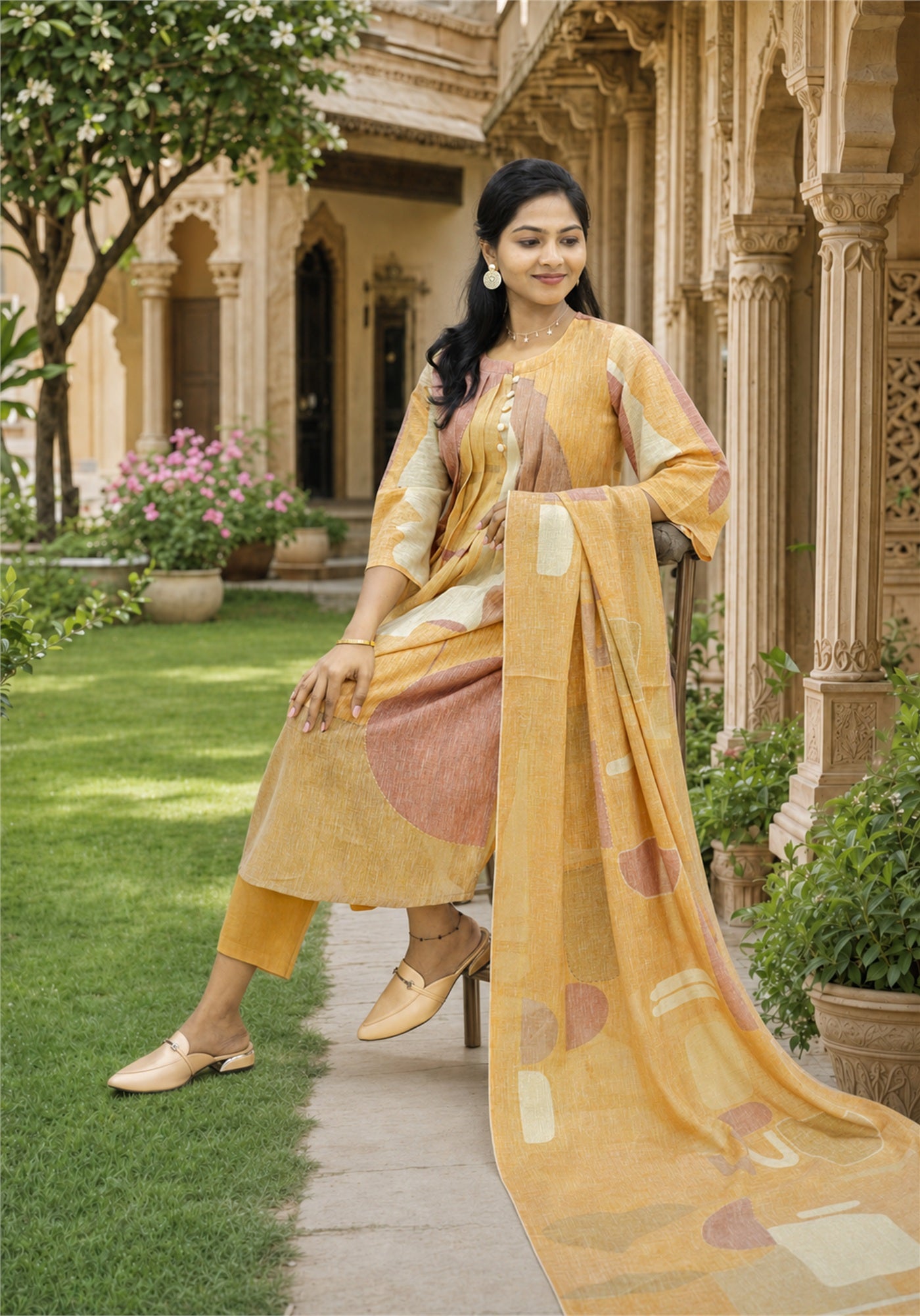 Mustard Multi Colour Cotton Kurta Pant Set with Dupatta - Ashoka Threads - K3-D9-26-MUL - view 3