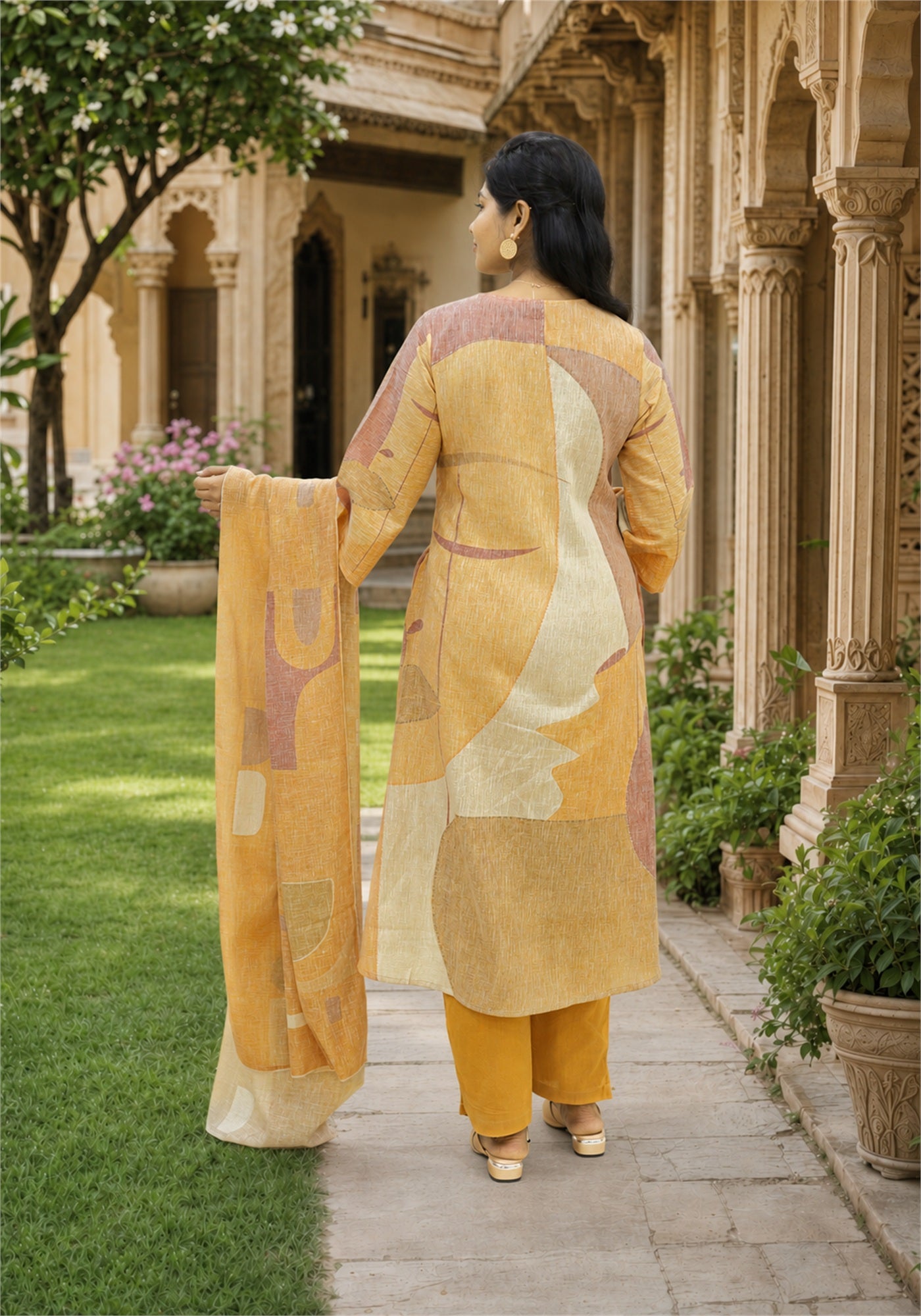 Mustard Multi Colour Cotton Kurta Pant Set with Dupatta - Ashoka Threads - K3-D9-26-MUL - view 6