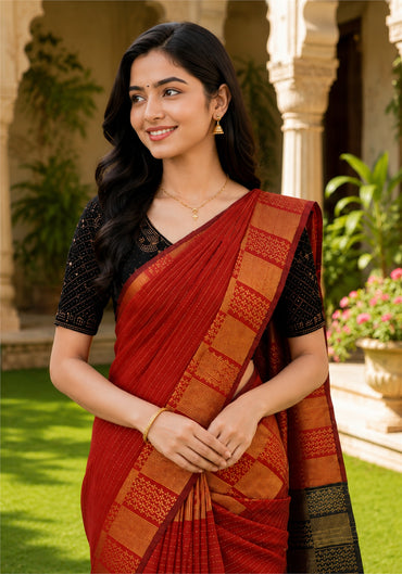 Fancy Saree Black Deep Red Checked Border - KSS-1-8001 - view 2