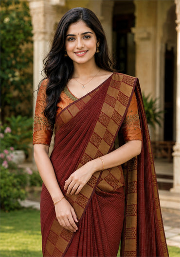 Fancy Saree Rust Orange Wine Maroon Checked Border - KSS-1-8002 - view 3