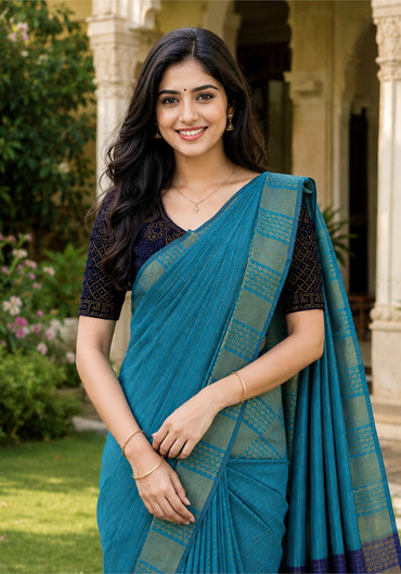 Fancy Saree Royal Blue Teal Checked Border - KSS-1-8003 - view 3