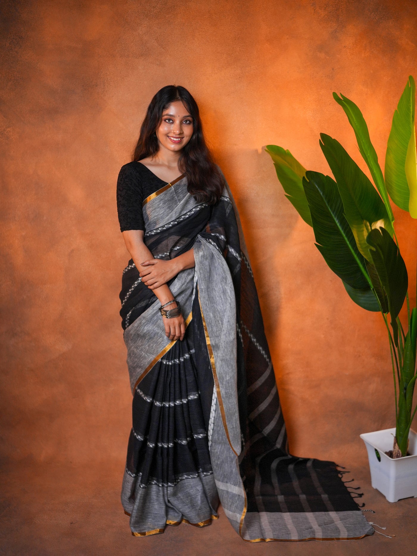 Linen Cotton Saree Grey Black Mustard Border - LCS-1-1001 - view 1