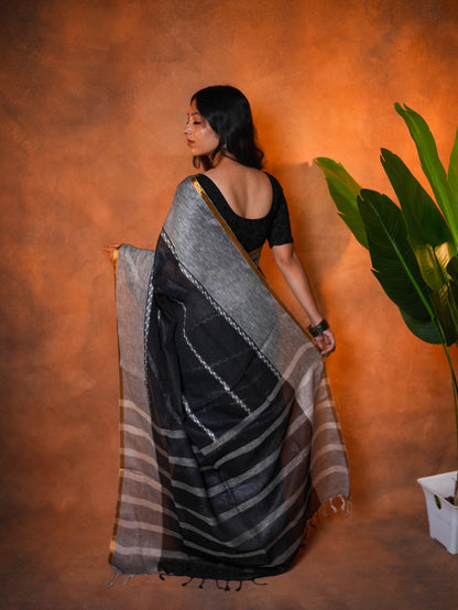 Linen Cotton Saree Grey Black Mustard Border - LCS-1-1001 - view 3