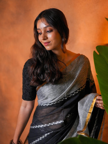 Linen Cotton Saree Grey Black Mustard Border - LCS-1-1001 - view 4