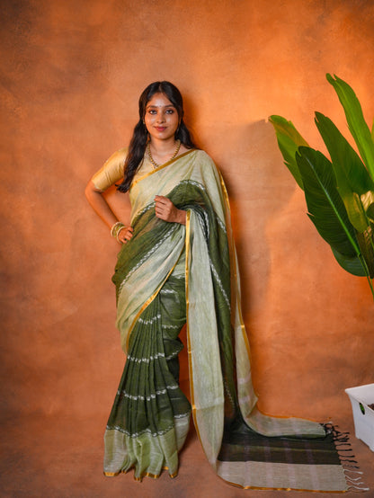 Linen Cotton Saree Sage Olive Dark Border - LCS-1-1002 - view 1
