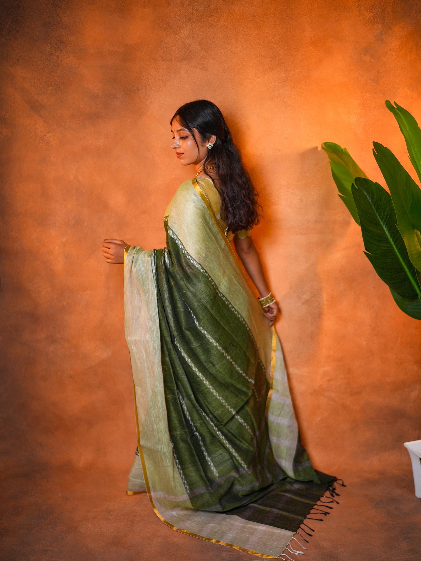 Linen Cotton Saree Sage Olive Dark Border - LCS-1-1002 - view 10