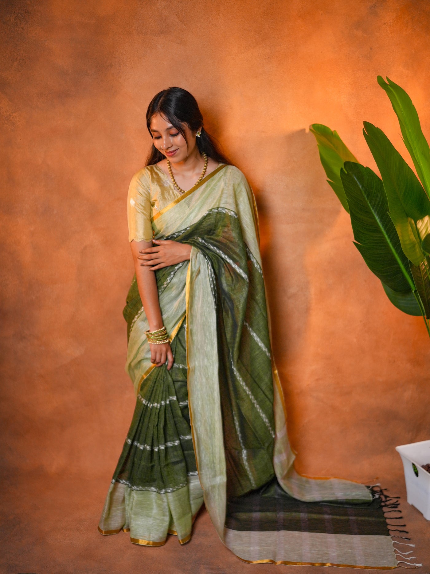 Linen Cotton Saree Sage Olive Dark Border - LCS-1-1002 - view 4