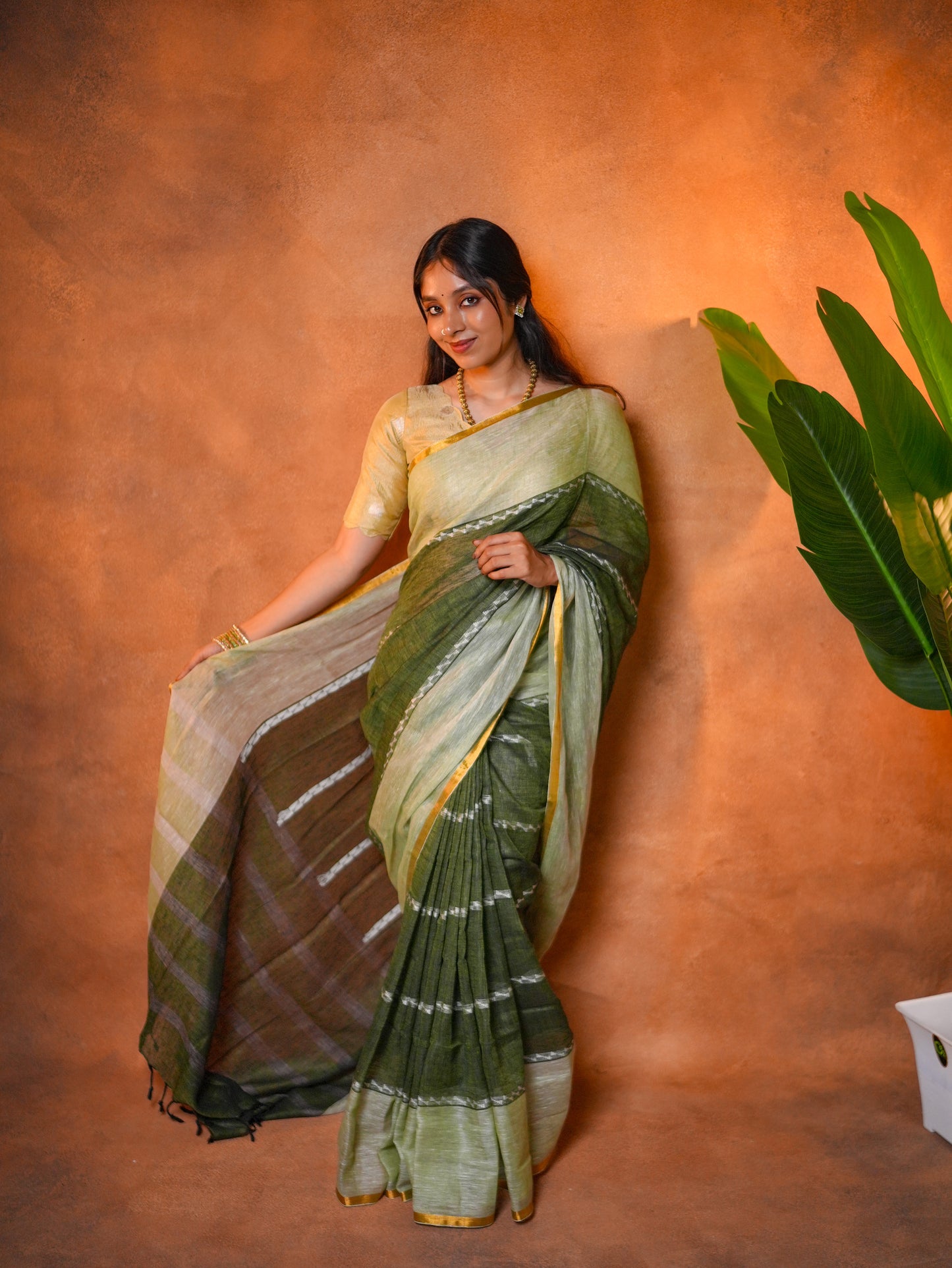 Linen Cotton Saree Sage Olive Dark Border - LCS-1-1002 - view 5