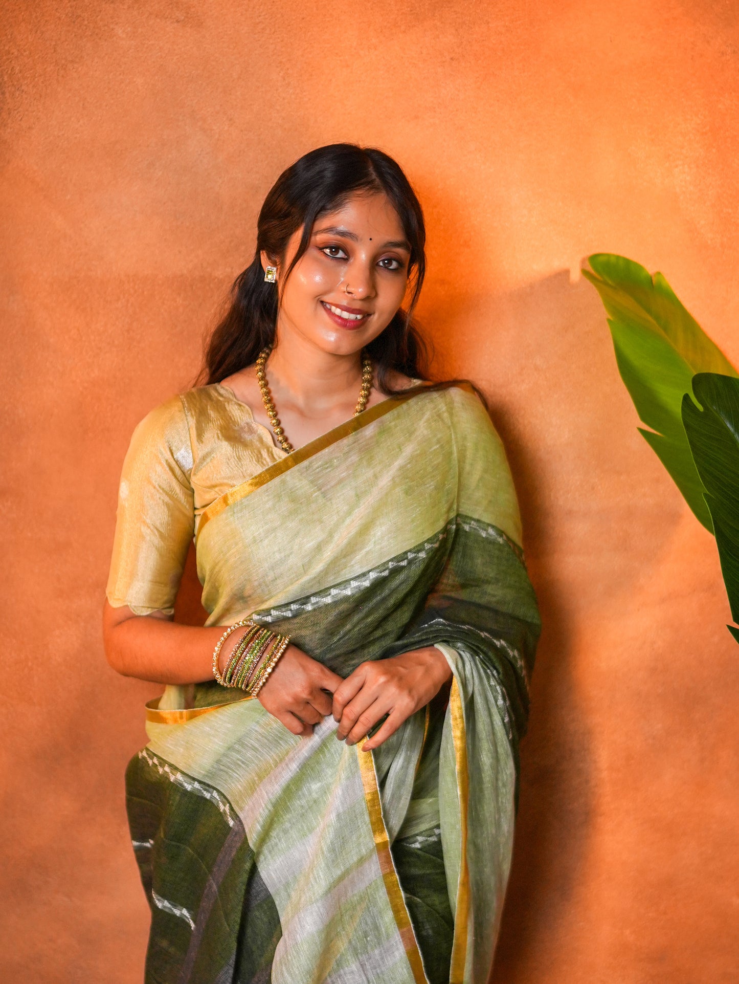 Linen Cotton Saree Sage Olive Dark Border - LCS-1-1002 - view 6