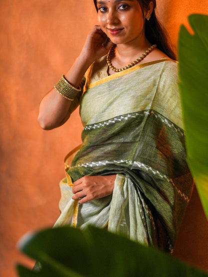 Linen Cotton Saree Sage Olive Dark Border - LCS-1-1002 - view 8