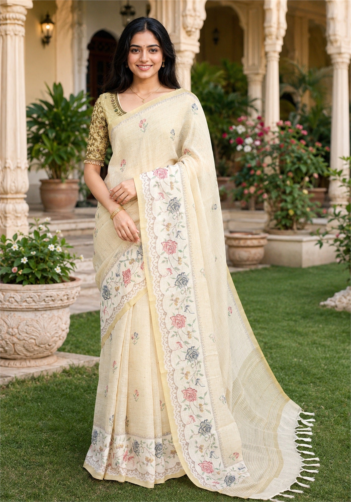 Linen Cotton Saree Ivory Cream Pastel Floral Pallu - LCS-1-4001 - view 1