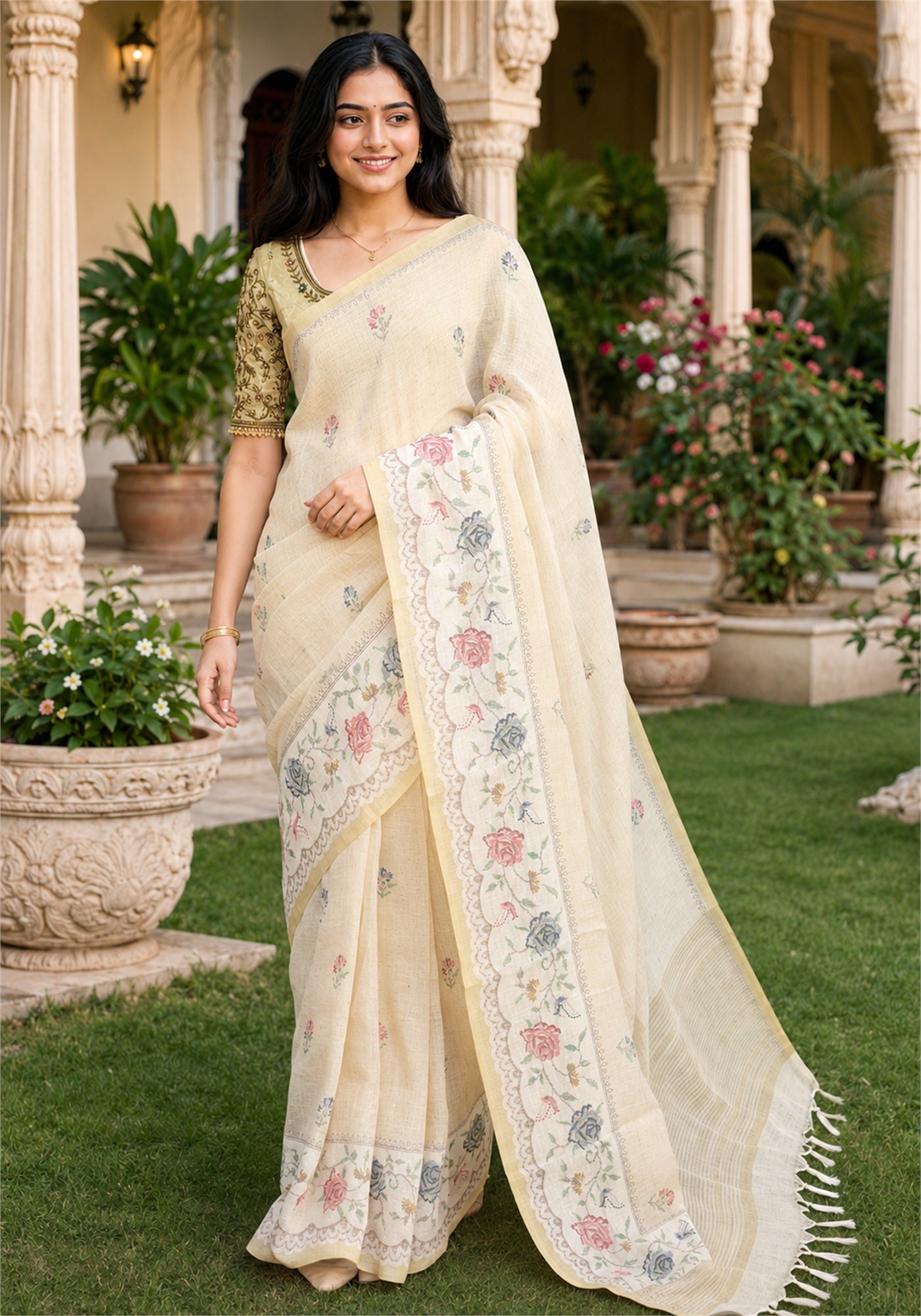 Linen Cotton Saree Ivory Cream Pastel Floral Pallu - LCS-1-4001 - view 2