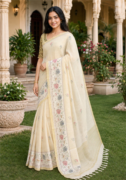 Linen Cotton Saree Ivory Cream Pastel Floral Pallu - LCS-1-4001 - view 5
