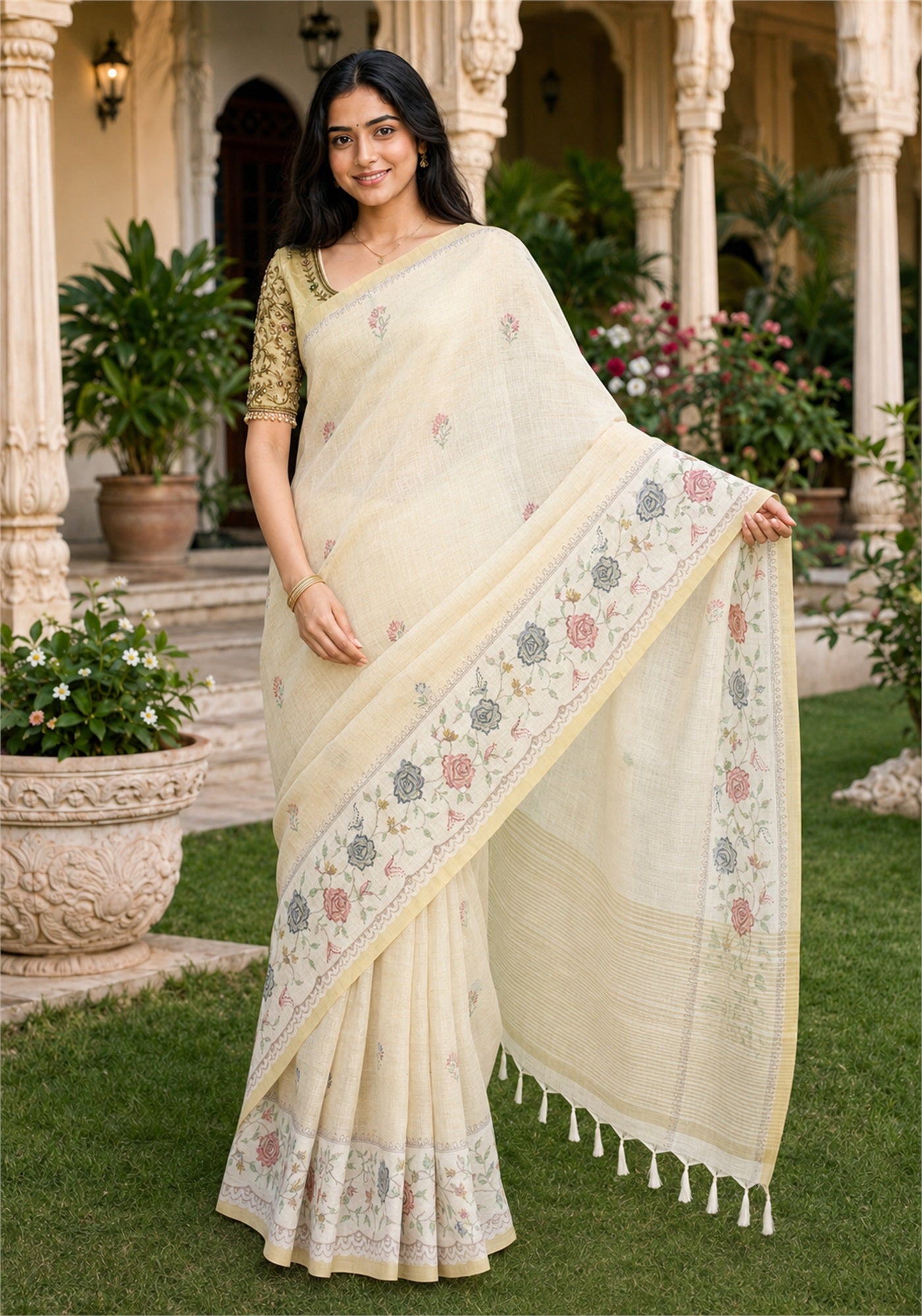 Linen Cotton Saree Ivory Cream Pastel Floral Pallu - LCS-1-4001 - view 6
