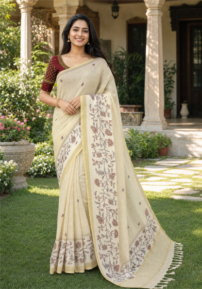 Linen Cotton Saree Ivory Cream Maroon Floral Pallu - LCS-1-4002 - view 1