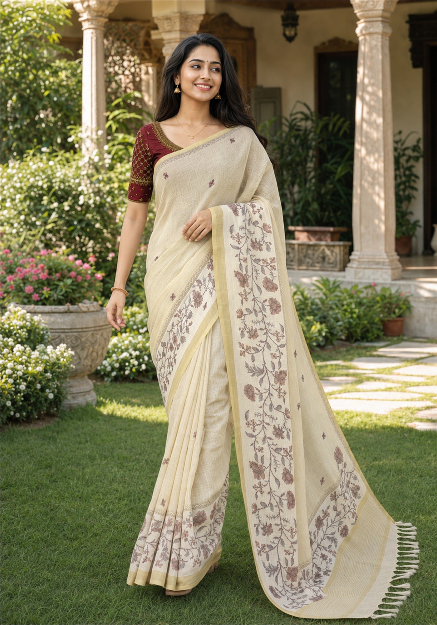 Linen Cotton Saree Ivory Cream Maroon Floral Pallu - LCS-1-4002 - view 2