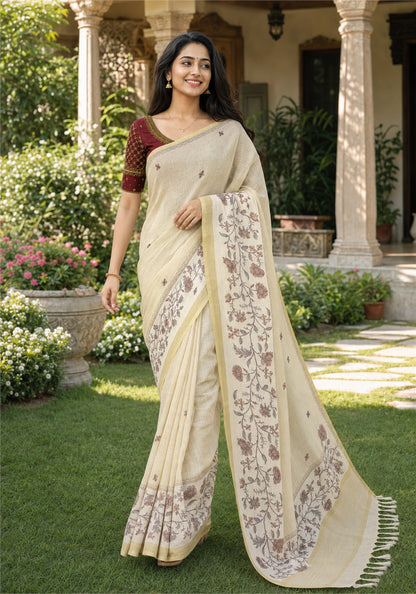Linen Cotton Saree Ivory Cream Maroon Floral Pallu - LCS-1-4002 - view 2
