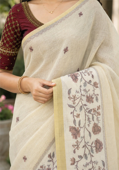 Linen Cotton Saree Ivory Cream Maroon Floral Pallu - LCS-1-4002 - view 4