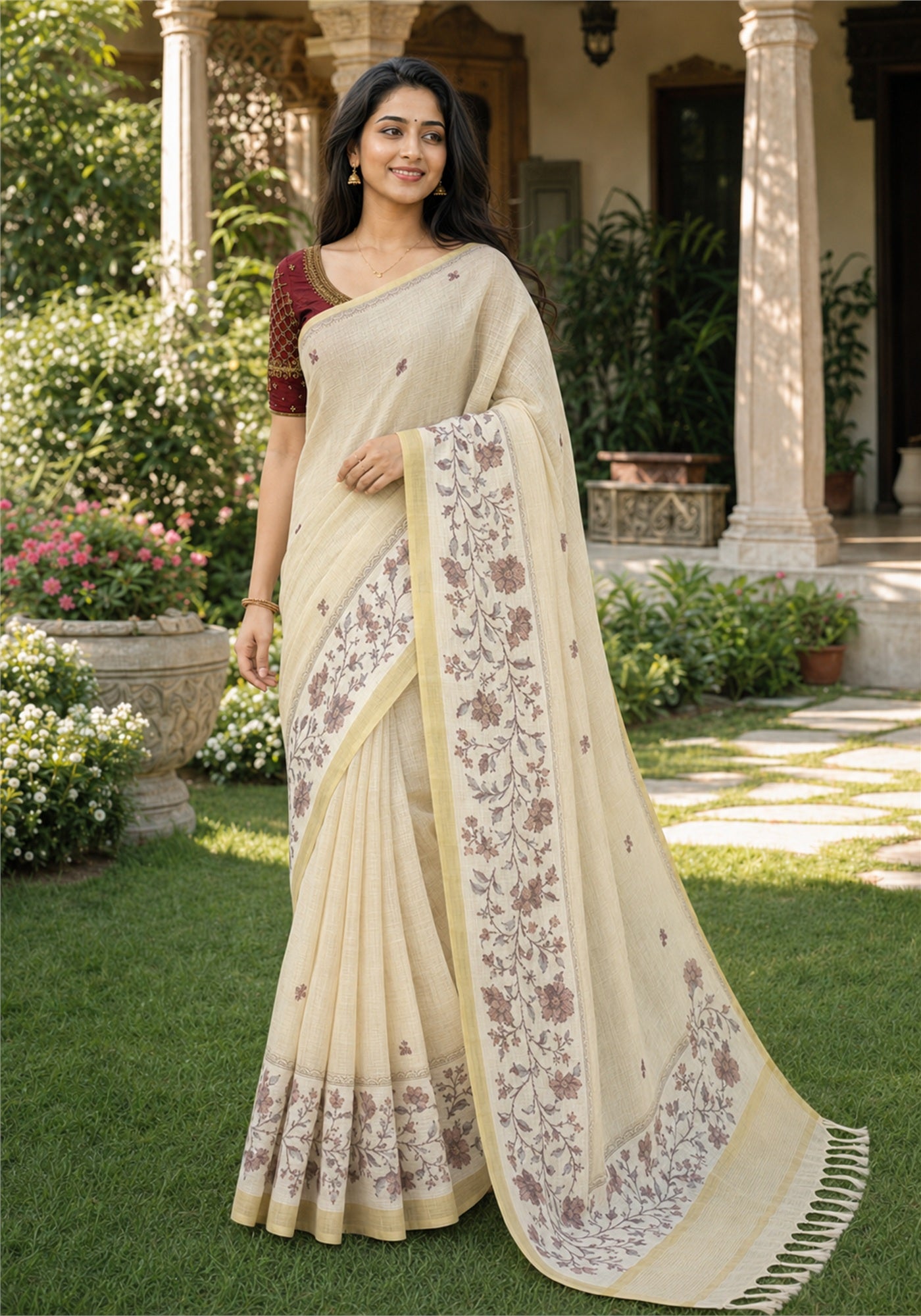 Linen Cotton Saree Ivory Cream Maroon Floral Pallu - LCS-1-4002 - view 5