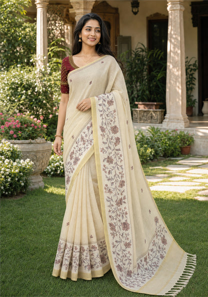 Linen Cotton Saree Ivory Cream Maroon Floral Pallu - LCS-1-4002 - view 5