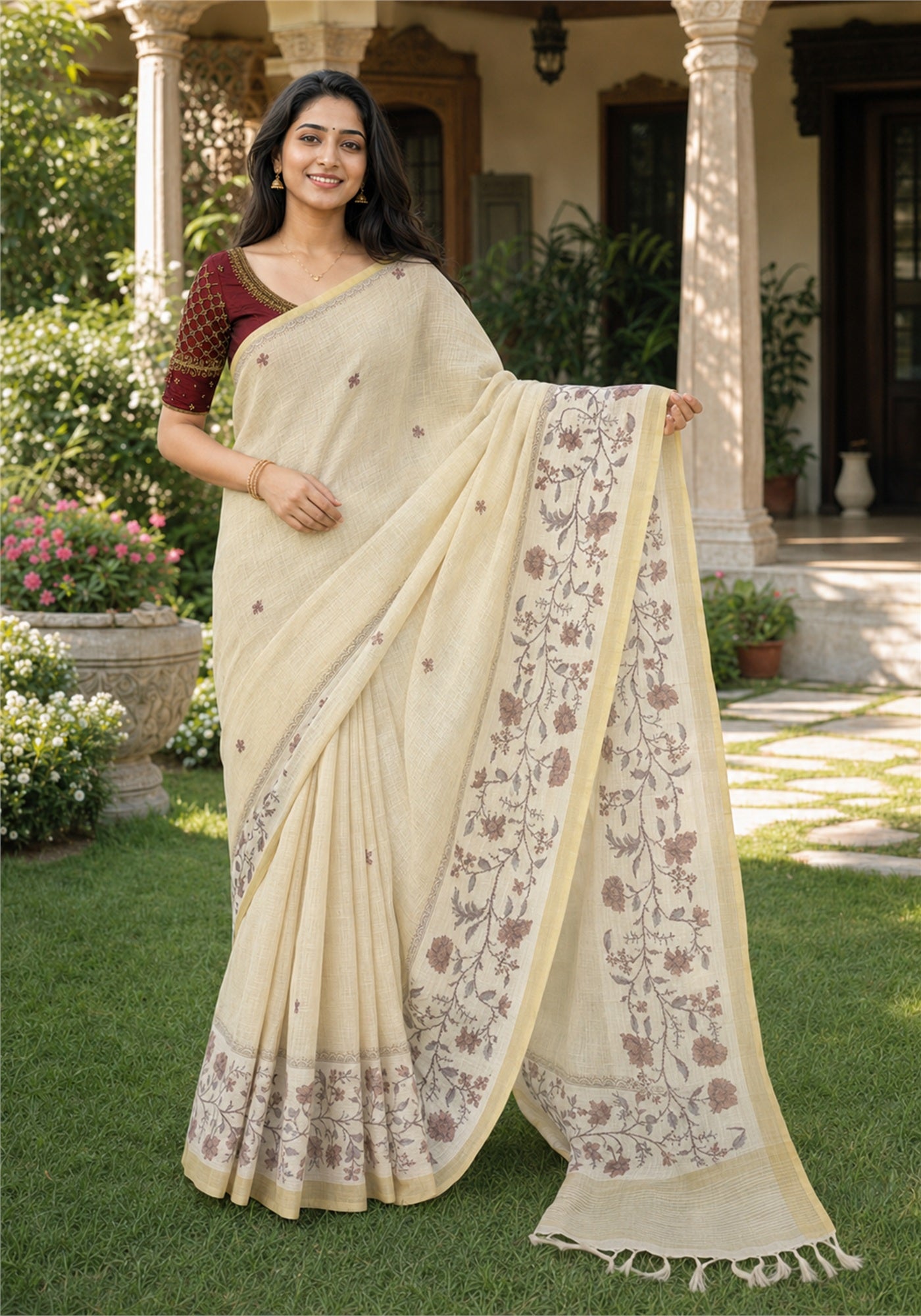 Linen Cotton Saree Ivory Cream Maroon Floral Pallu - LCS-1-4002 - view 6
