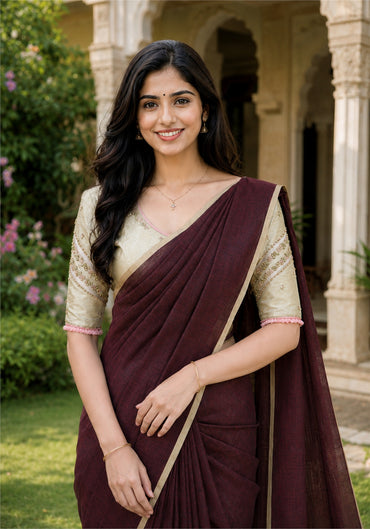 Linen Cotton Saree Wine Maroon Antique Gold Beige Border - LCS-1-5001 - view 4
