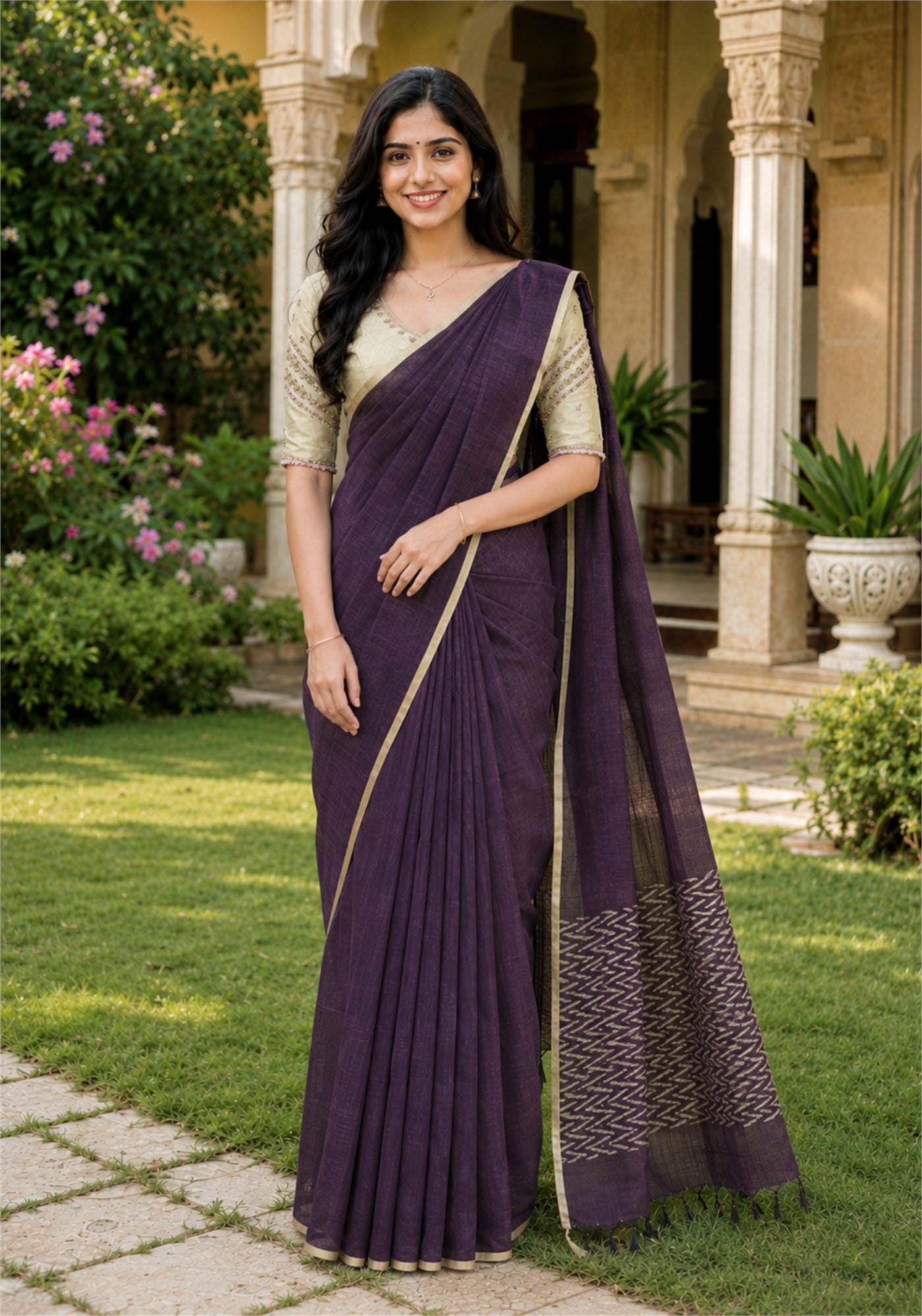 Linen Cotton Saree Brinjal Purple Antique Gold Beige Border - LCS-1-5002 - view 1