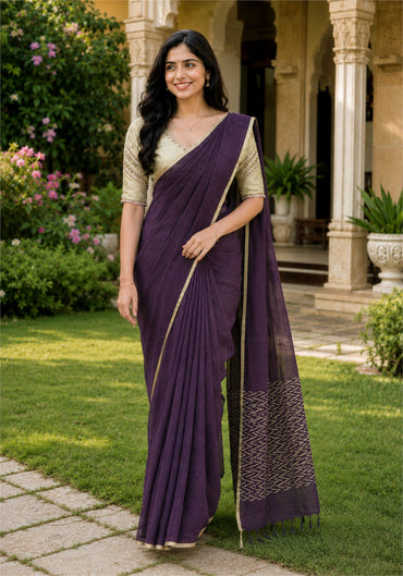 Linen Cotton Saree Brinjal Purple Antique Gold Beige Border - LCS-1-5002 - view 2