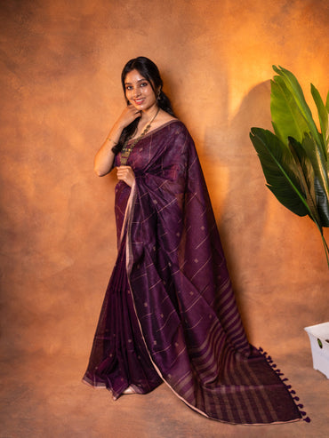 Linen Cotton Saree Deep Plum Purple - LCS-1-6001 - view 2