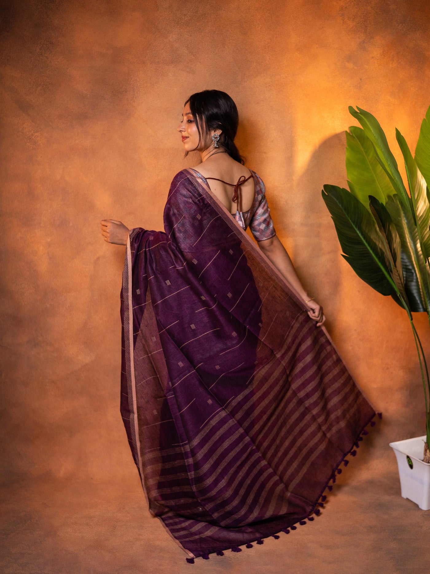 Linen Cotton Saree Deep Plum Purple - LCS-1-6001 - view 3
