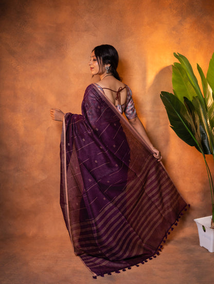 Linen Cotton Saree Deep Plum Purple - LCS-1-6001 - view 3