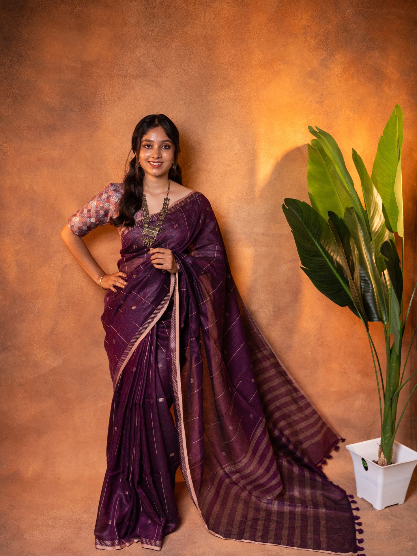 Linen Cotton Saree Deep Plum Purple - LCS-1-6001 - view 4