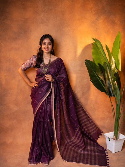 Linen Cotton Saree Deep Plum Purple - LCS-1-6001 - view 4