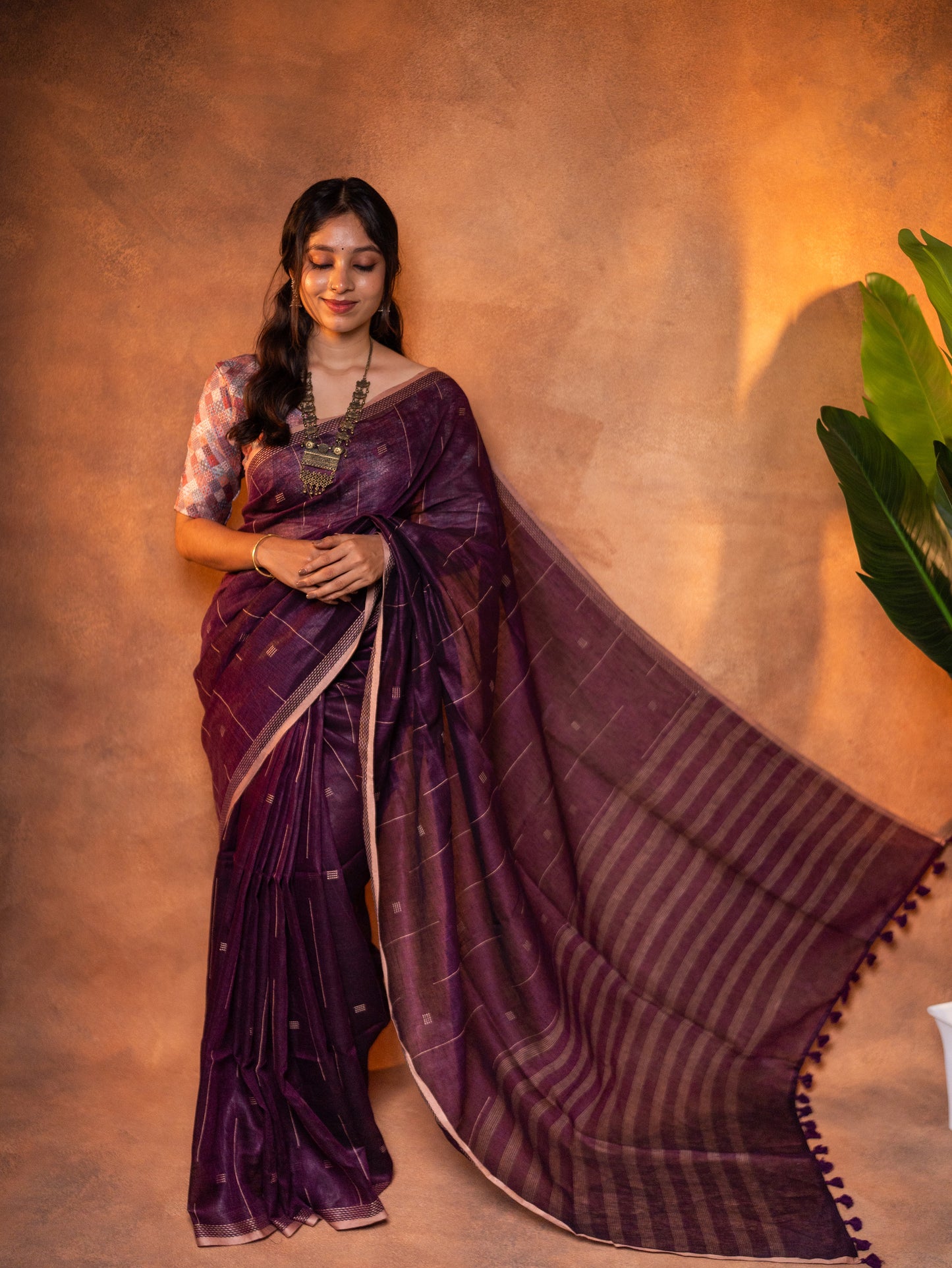Linen Cotton Saree Deep Plum Purple - LCS-1-6001 - view 5