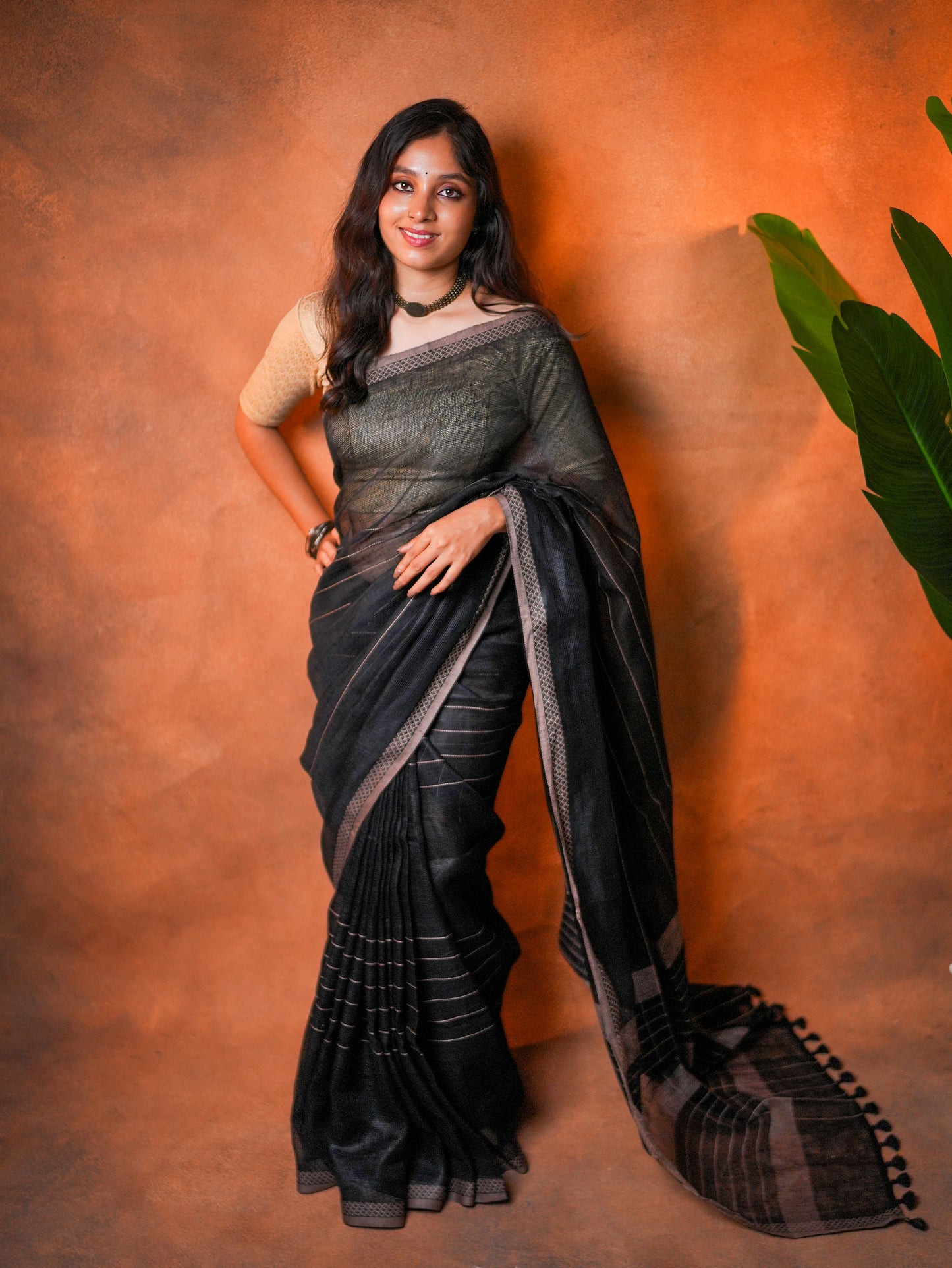 Linen Cotton Saree Classic Black Grey Border - LCS-1-6002 - view 4