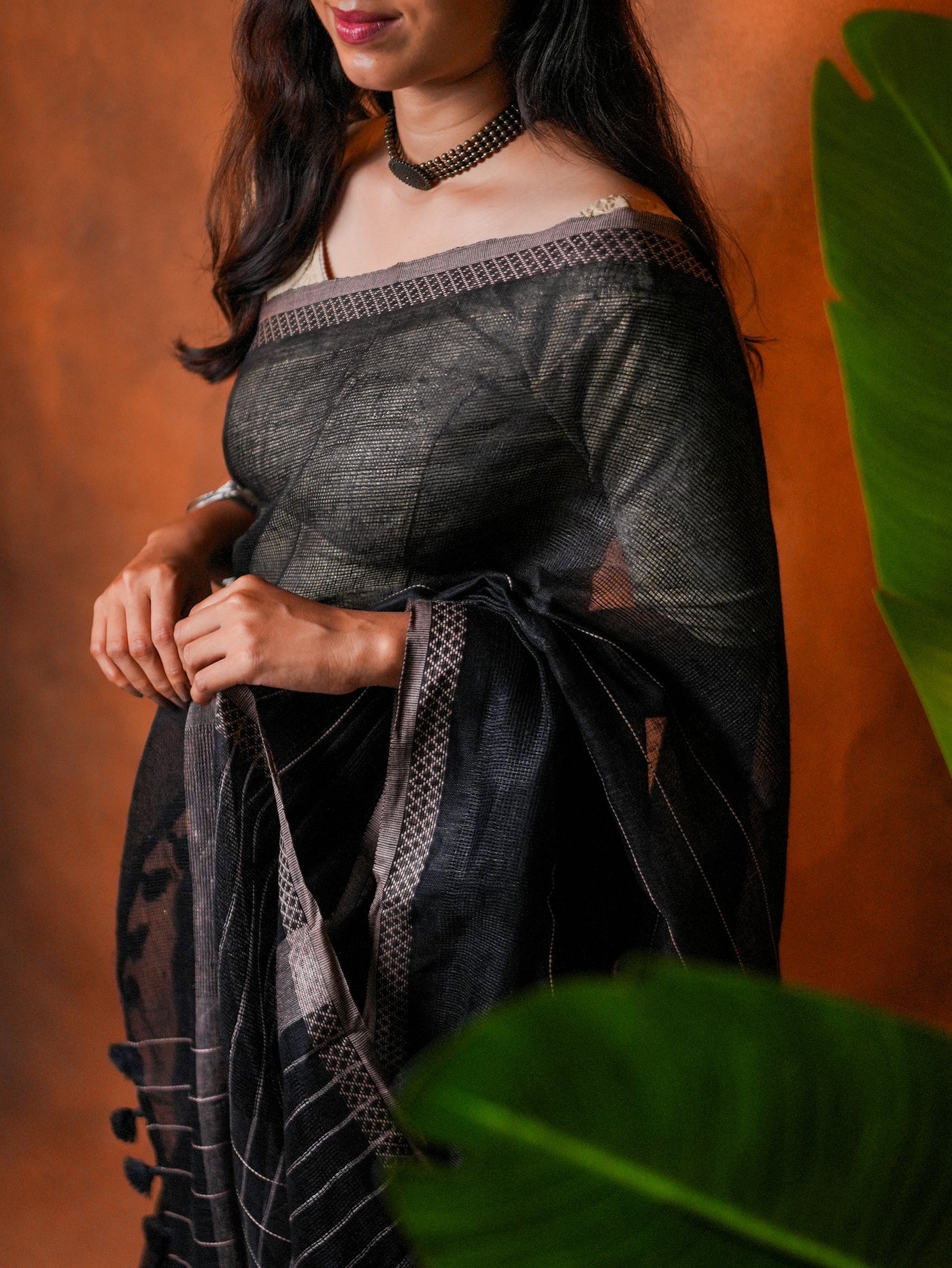Linen Cotton Saree Classic Black Grey Border - LCS-1-6002 - view 6