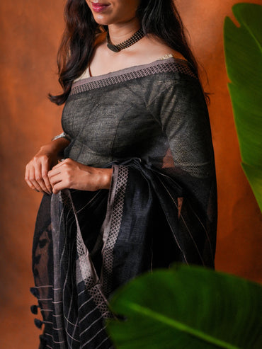 Linen Cotton Saree Classic Black Grey Border - LCS-1-6002 - view 6