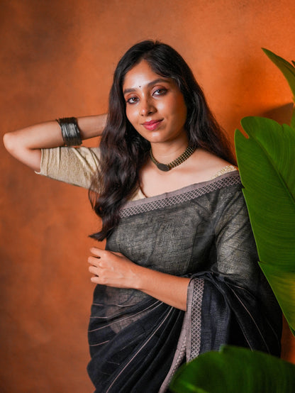 Linen Cotton Saree Classic Black Grey Border - LCS-1-6002 - view 8