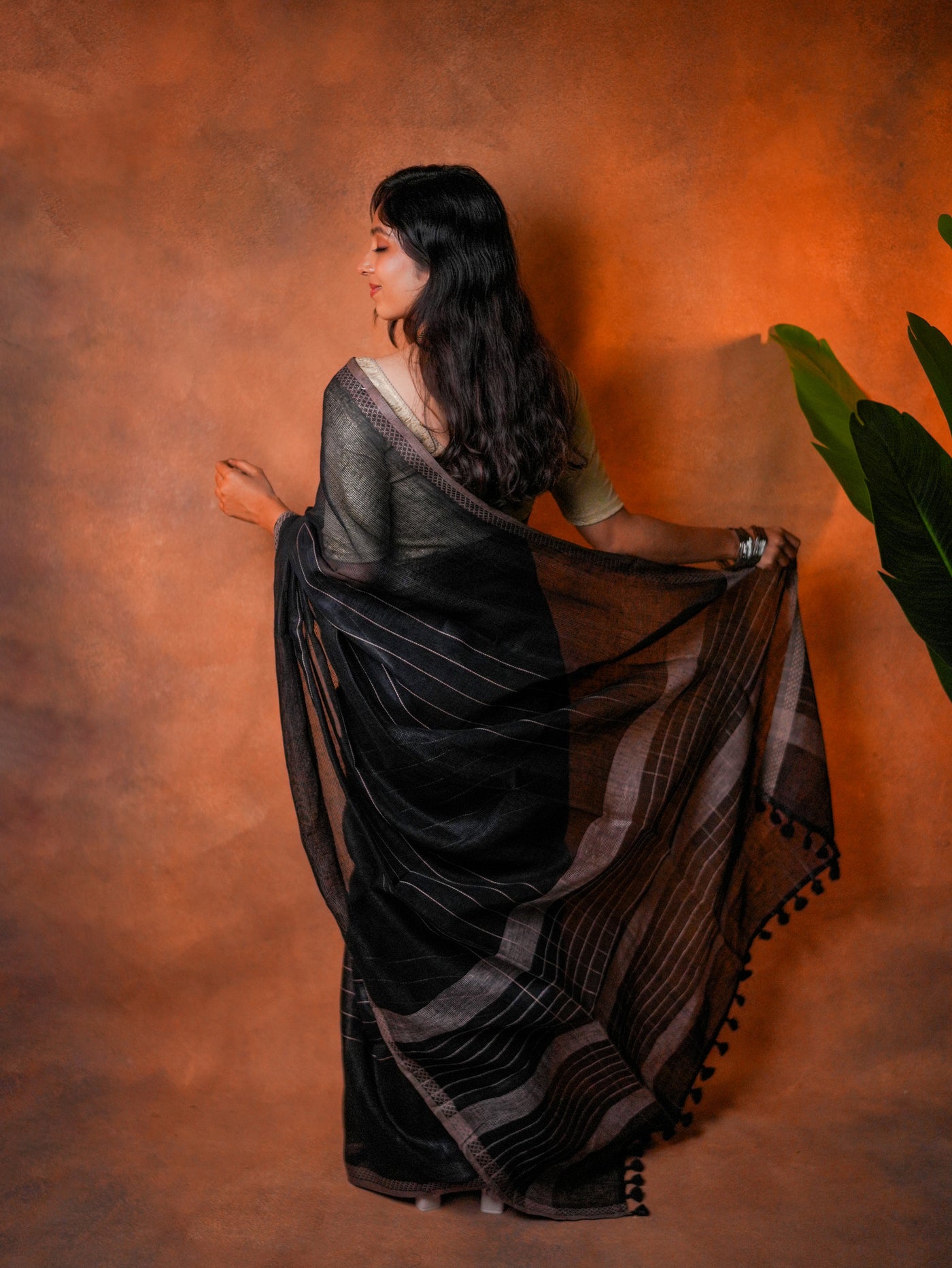 Linen Cotton Saree Classic Black Grey Border - LCS-1-6002 - view 9