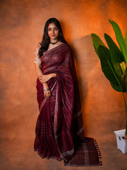 Linen Cotton Saree Wine Maroon Woven Lines - LCS-1-6003 - view 2