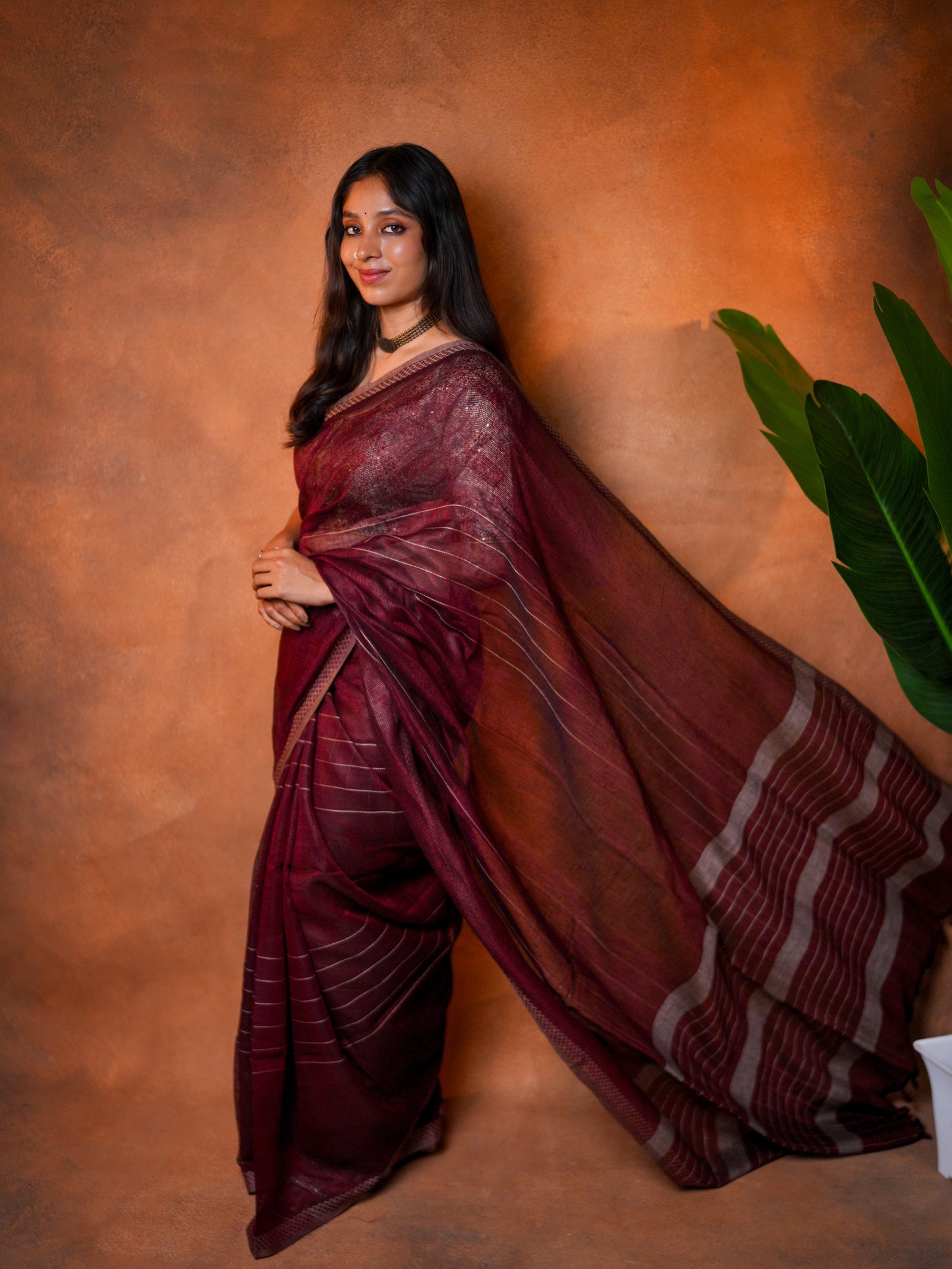 Linen Cotton Saree Wine Maroon Woven Lines - LCS-1-6003 - view 3