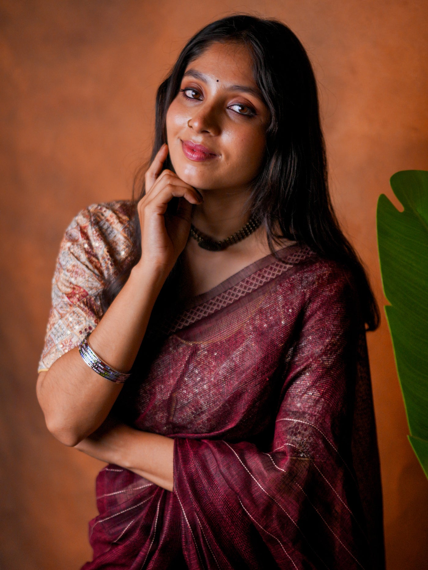 Linen Cotton Saree Wine Maroon Woven Lines - LCS-1-6003 - view 4