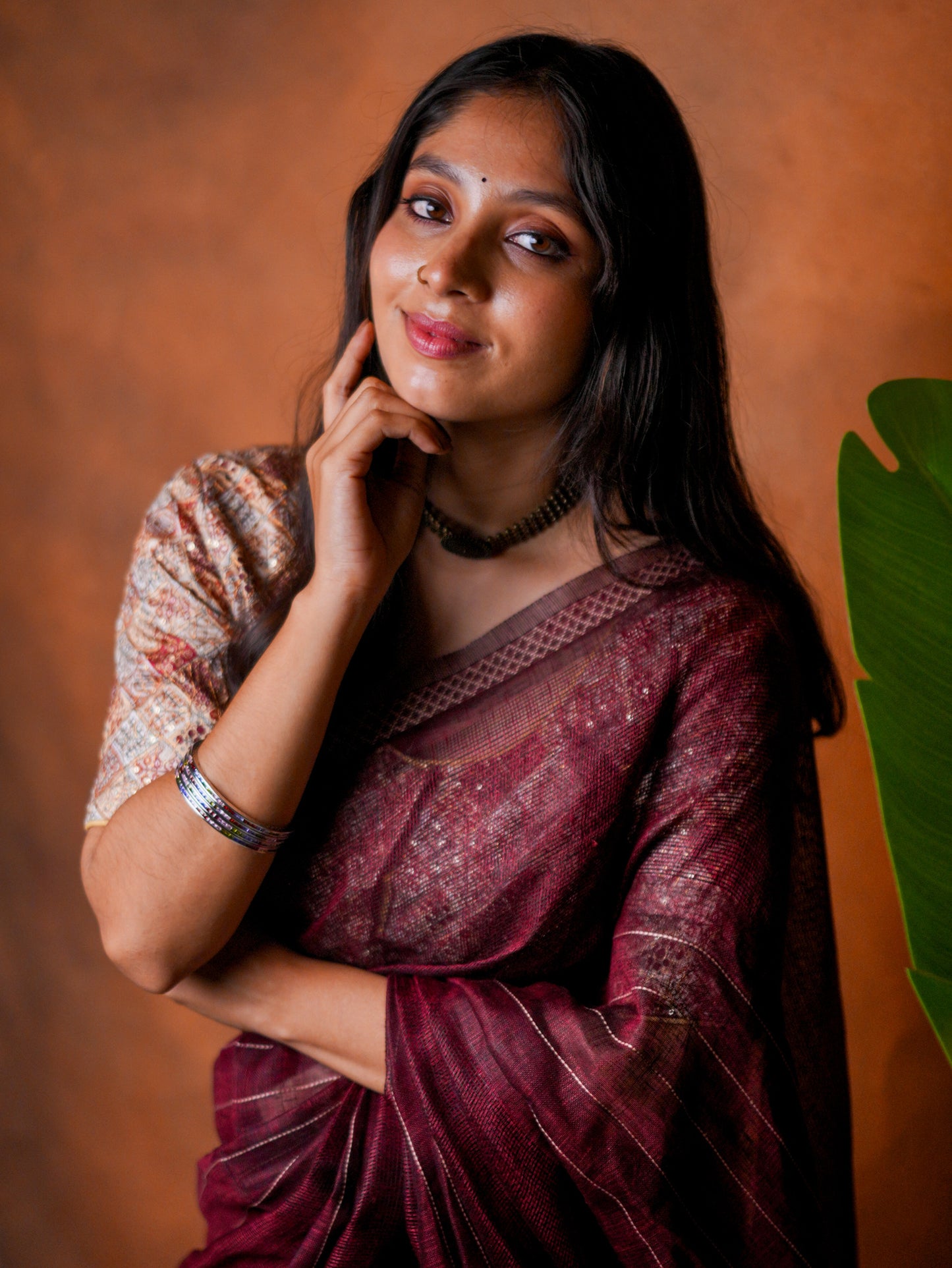 Linen Cotton Saree Wine Maroon Woven Lines - LCS-1-6003 - view 4